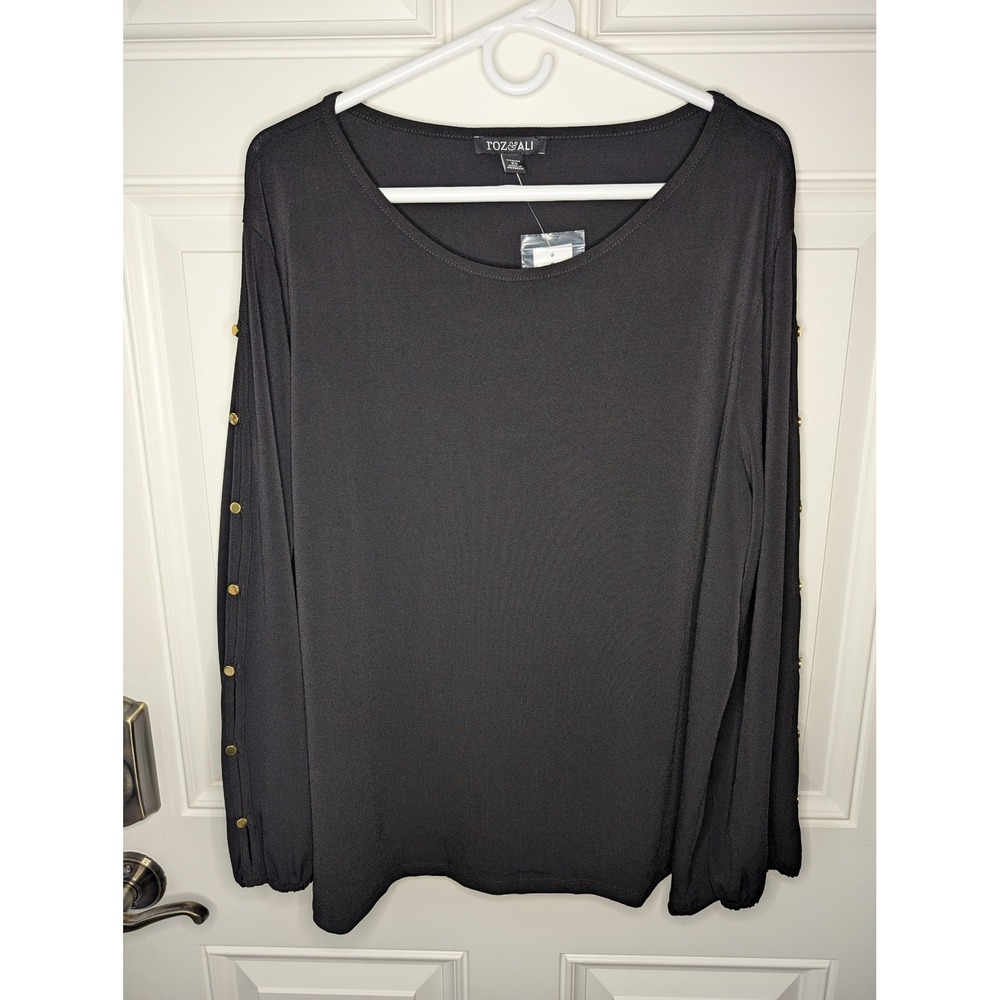 Roz & Ali Black Split Sleeve Gold Button Liquid Knit Blouse Top 2X NWT